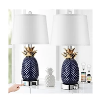 Sofucor 22-inch Pineapple Table Lamps Set of 2, 3 way Dimmable Ceramic Table Lamp for living room, Navy Blue Modern Table Lamp with Usb Port