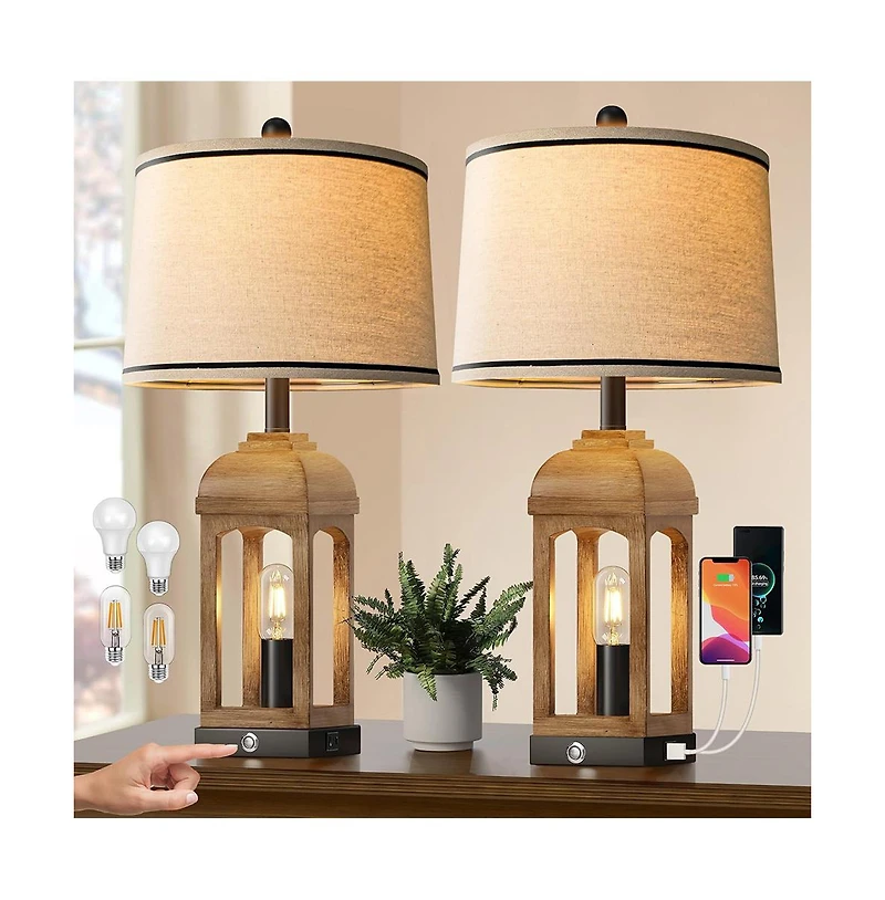 Sofucor 26-inch Table Lamp for Living Room, Farmhouse Lamps Set of 2 with Usb A+C and Nightlight