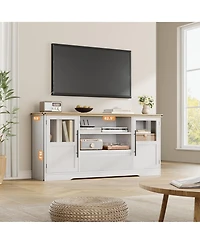 gaomon Tv Stand for 75 Inch TVs, Retro Media Console with Glass Cabinets & Open Shelves, Farmhouse Modern Entertainment Center