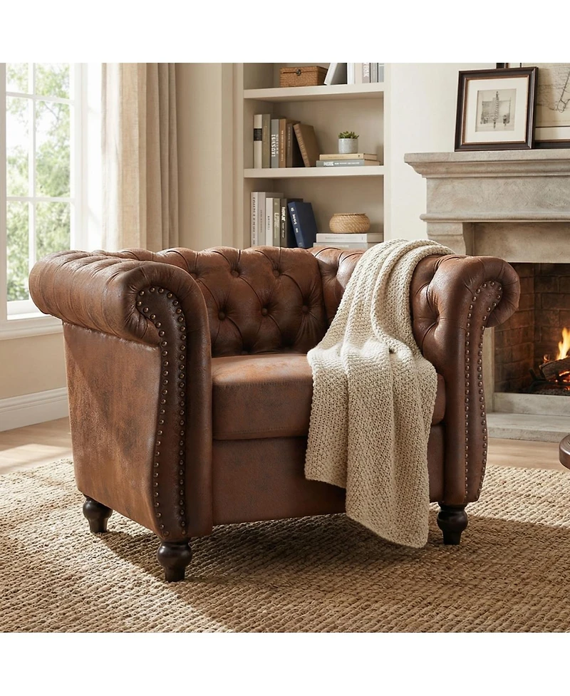 Streamdale Furniture Chesterfield Club Chair with Scrolled Arms, Nail head Trim, and Solid Wood Legs