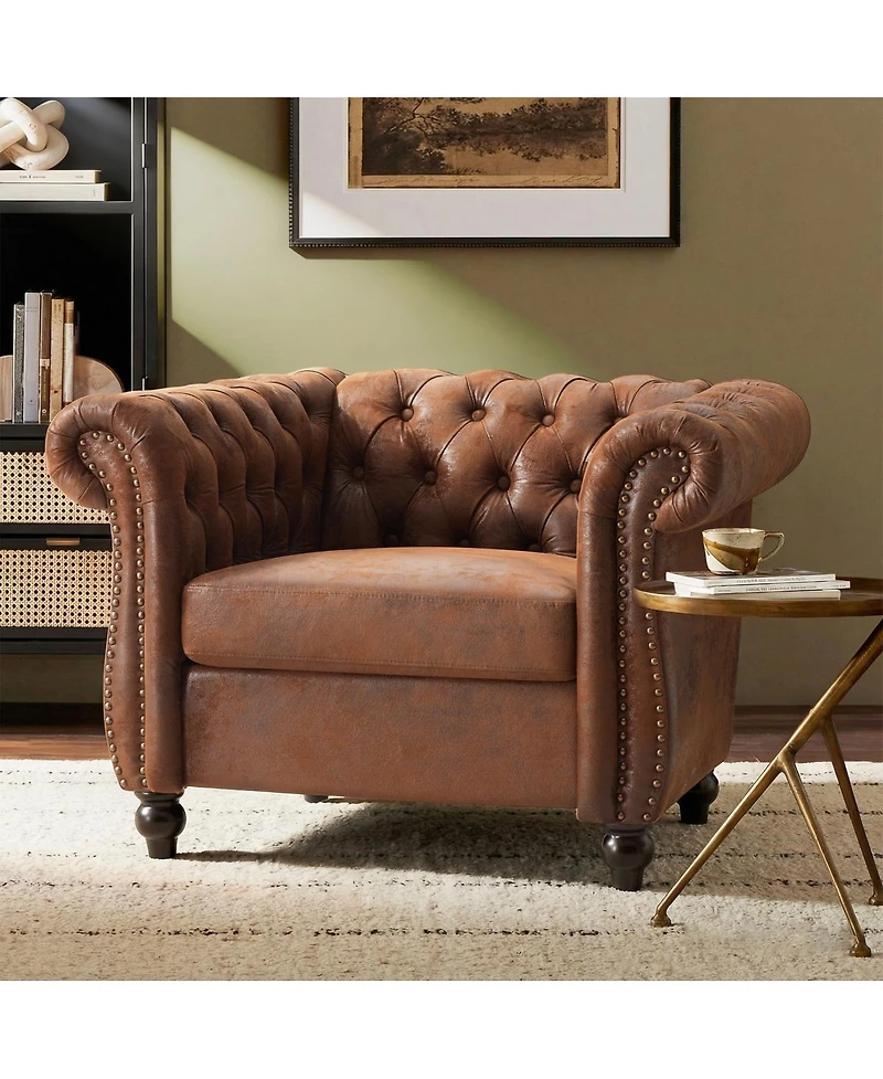 Streamdale Furniture Chesterfield Club Chair with Scrolled Arms, Nail head Trim, and Solid Wood Legs