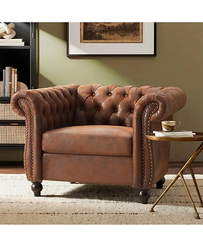 Streamdale Furniture Chesterfield Club Chair with Scrolled Arms, Nail head Trim, and Solid Wood Legs
