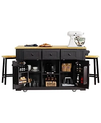Streamdale Furniture 53" Kitchen Island w/ 2 Stools, Power Outlet, Storage, Cart on Wheels, Drop Leaf