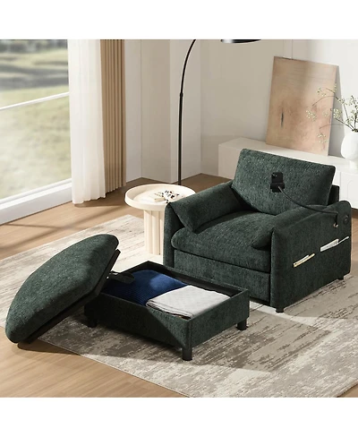 Streamdale Furniture 37" Sofa with Storage Ottoman, Phone Holder, Charger, Pockets, Chenille Armchair