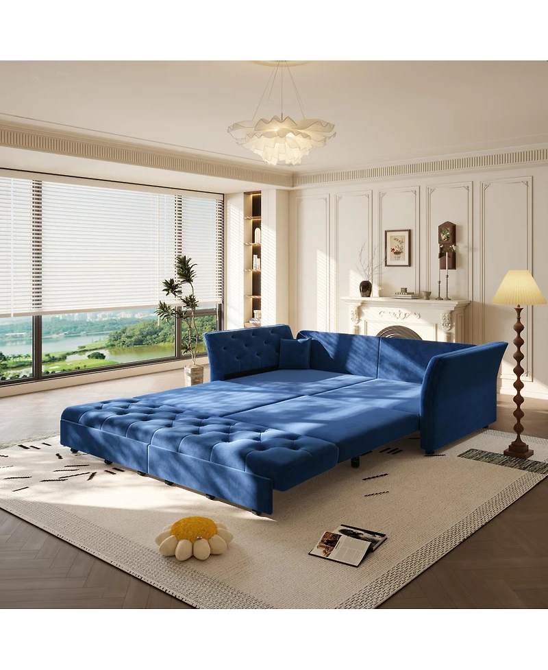 Streamdale Furniture Queen Pull Out Sofa Bed with Fabric Flower Tufted Design