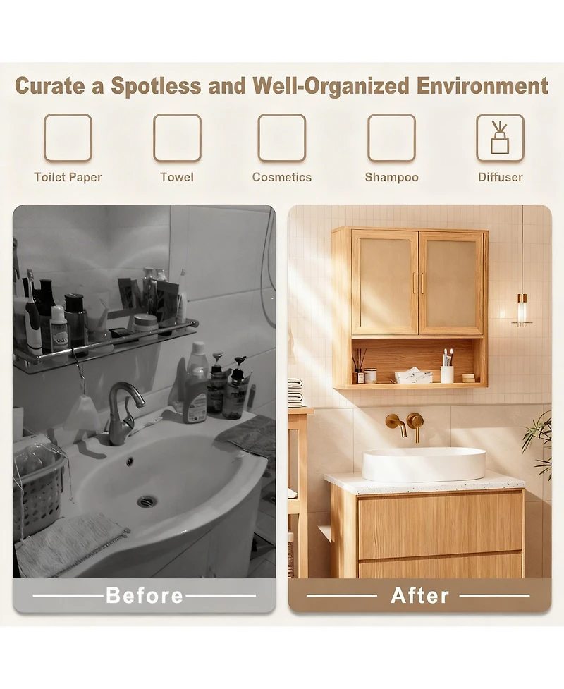 Yigii Linen-Style Wall Cabinet with Adjustable Shelves for Bathroom, Kitchen, Living Room