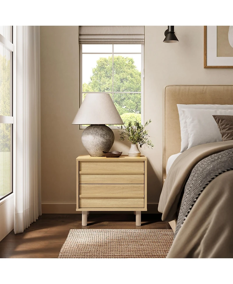 LuxenHome 19.7” Hazel Oak Manufactured Wood Nightstand & End Table with Drawers & Rubberwood Legs