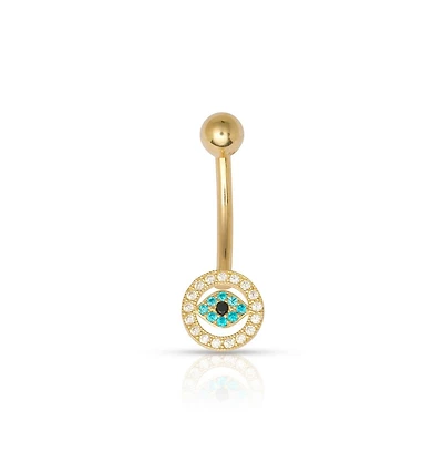 Curata Jewelry Solid 10k Yellow Gold 14G Blue Cubic Zirconia Evil Eye Belly Ring