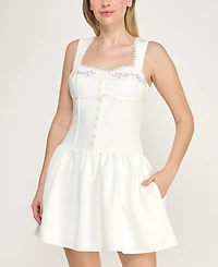 Rare Women's Square Neck Embroidered Mini Dress