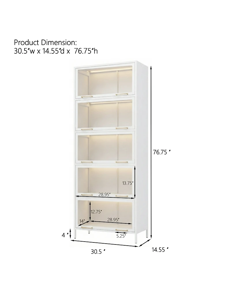 Streamdale Furniture Iron Display Cabinet with Glass Doors, 5-Tier Steel Bookcase with Led Lights