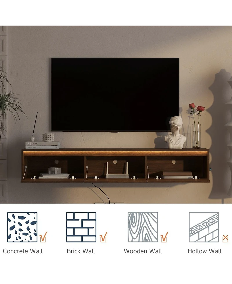 Streamdale Furniture Floating Tv Stand with Led Lights & Power Outlet