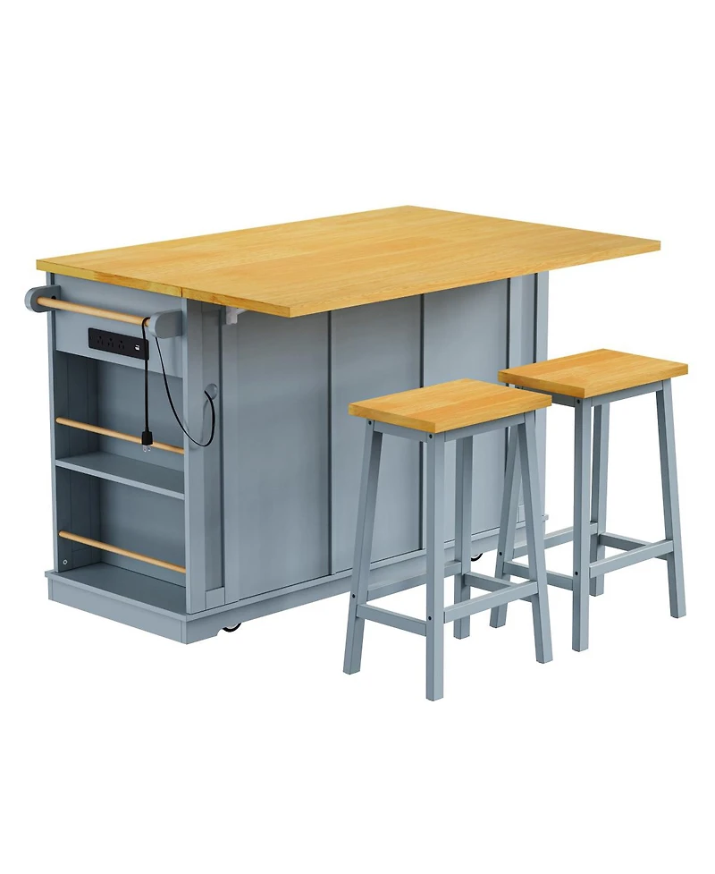 Streamdale Furniture Kitchen Island w/ 2 Stools, Power Outlet, Storage, Drop Leaf, 5 Wheels