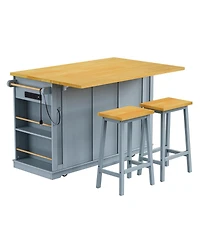 Streamdale Furniture Kitchen Island w/ 2 Stools, Power Outlet, Storage, Drop Leaf, 5 Wheels