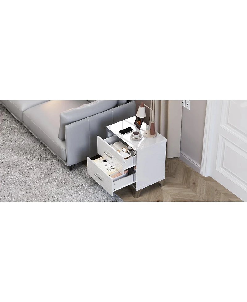 Streamdale Furniture High Gloss Mirrored 2-Drawer Nightstand - Modern Bedside End Table