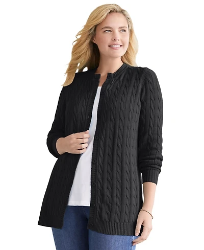 Woman Within Women's Cotton Cable Knit Cardigan Sweater
