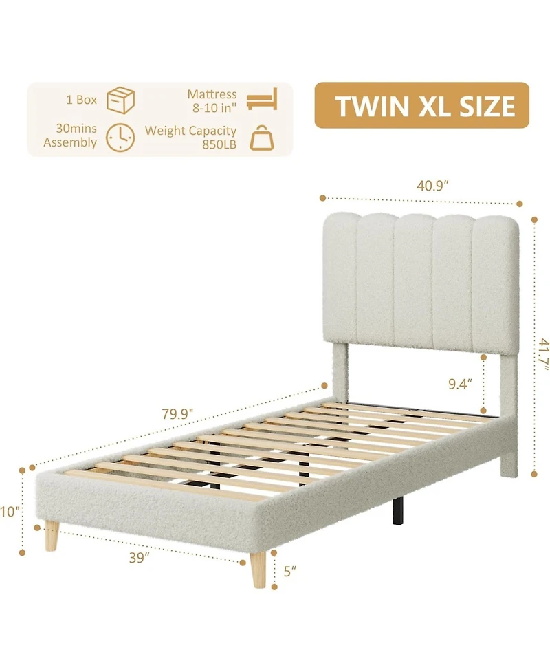 gaomon Twin Xl Bed Frame, Boucle Upholstered Platform with Wave Headboard Easy Assembly, Wooden Slats Support, No Box Spring Needed,