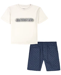 Calvin Klein Boys' 2T-7 Relaxed Logo T-Shirt and Printed Poplin Shorts, 2-Piece Set