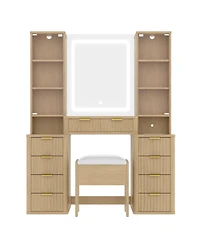 Streamdale Furniture 43.5" Fluted Makeup Vanity Desk with Mirror, Lights, 10 Drawers, 2 Cabinets, Stool
