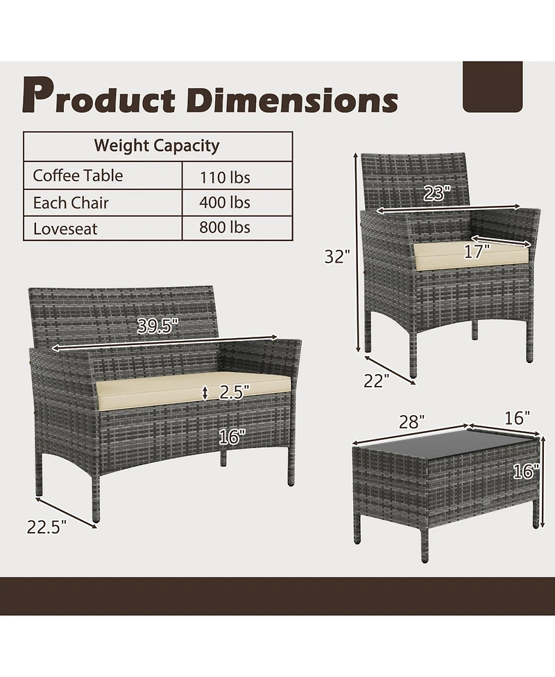 Gymax Set Of Patio Furniture w/Washable Cushions & Tempered Glass Coffee Table
