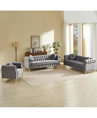 Streamdale Furniture Velvet Chesterfield Sofa with Copper Studs & Tufted Buttons, Metal Legs