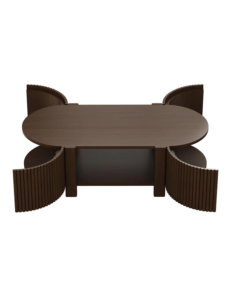 Streamdale Furniture Oval Fluted Coffee Table with Storage, Rubber Solid Wood, Walnut, 47