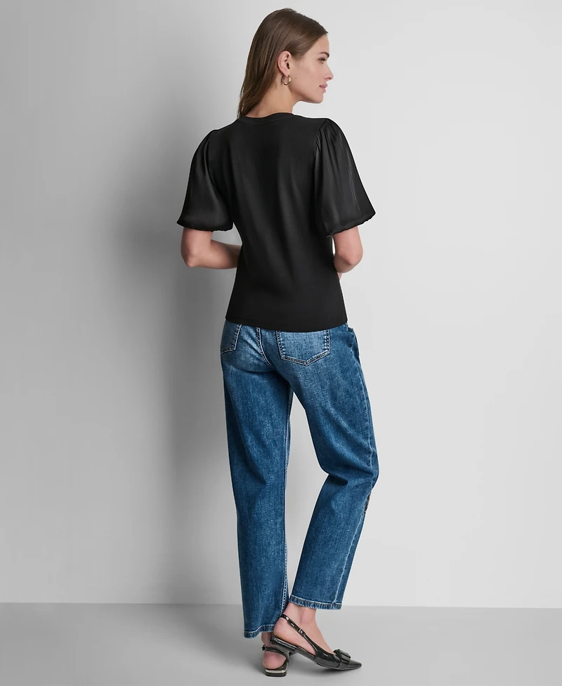 Dkny Women's Puffed Crewneck Mix Media Knit Top