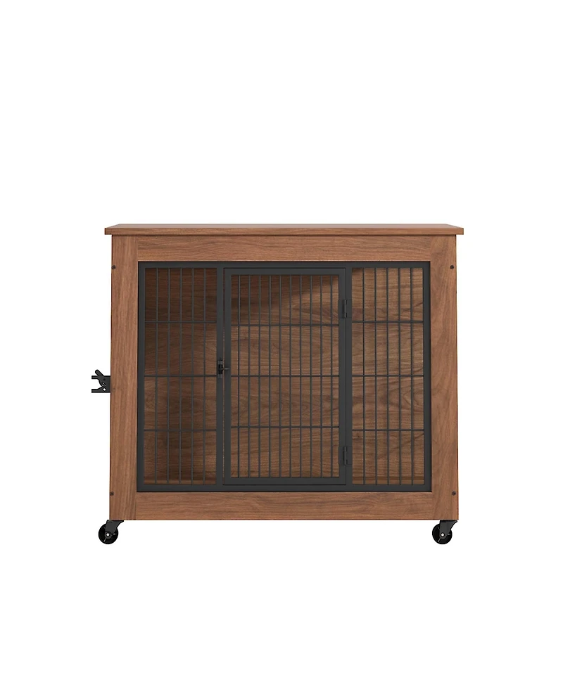 Aostirmotor 32.5" Dog Crate Furniture End Table with Wheels, 2-Door Heavy Duty Kennel for Small Dogs