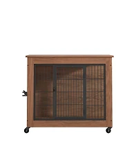Aostirmotor 32.5" Dog Crate Furniture End Table with Wheels, 2-Door Heavy Duty Kennel for Small Dogs