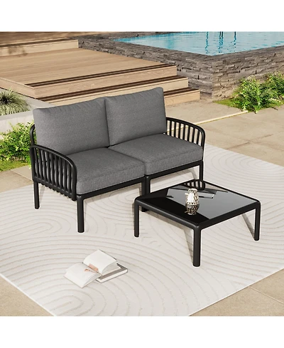 Flynama 3 Piece Modern Outdoor Patio Sectional Conversation Set with Square Coffee Table Waterproof Thick Cushions Black Dark Gray for Porch Balcony