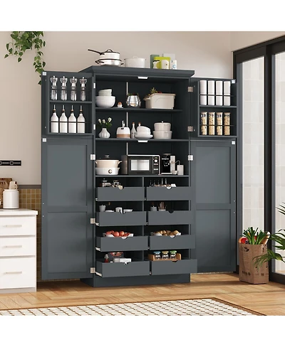 Streamdale Furniture Freestanding Kitchen Pantry Cabinet, 4 Doors, 8 Trays