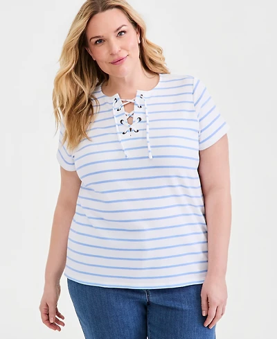 Style & Co Plus Striped Lace-Up Short-Sleeve Top, Macy's Exclusive