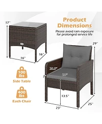 Gymax Set of 3 Outdoor Patio Pe Wicker Furniture w/Cushions & Tempered Glass Coffee Table