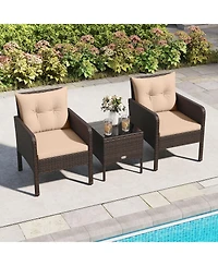 Gymax Set of 3 Outdoor Patio Pe Wicker Furniture Set w/Cushions and Tempered Glass Coffee Table
