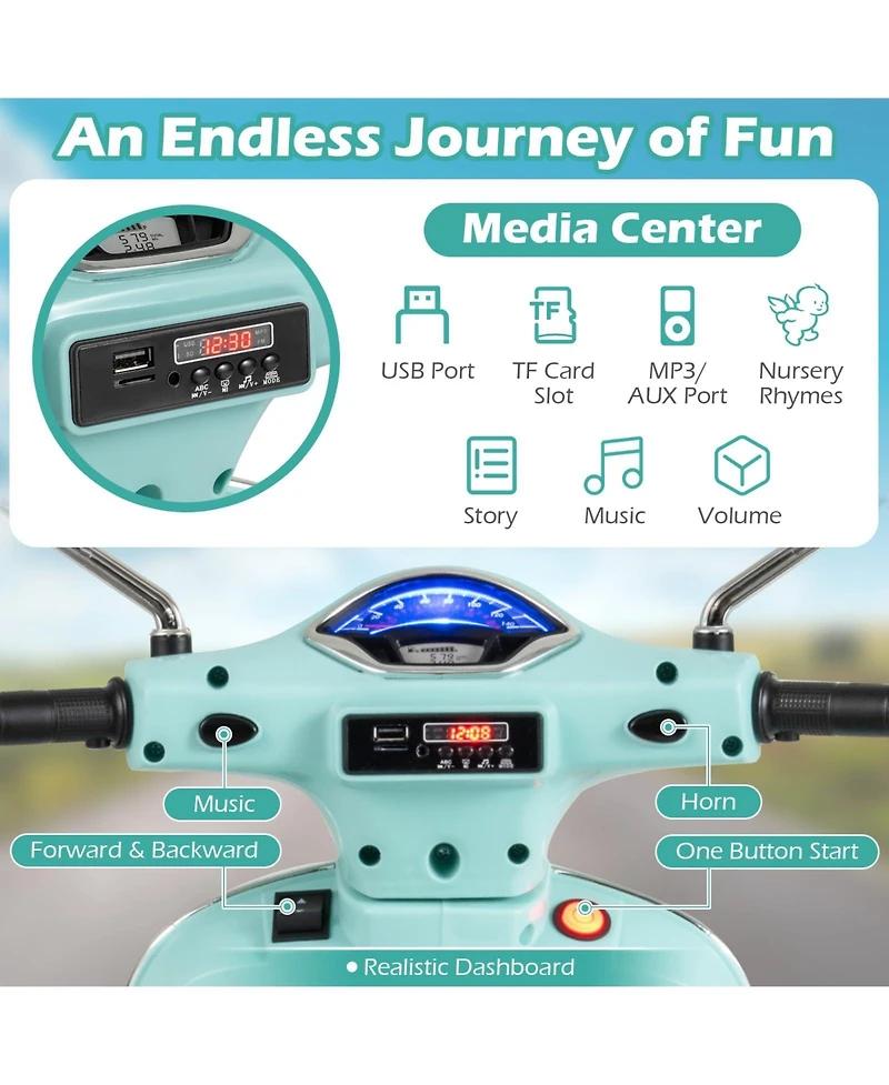 Mecale 12V Kids Electric Motorcycle Licensed Vespa with Music and Training