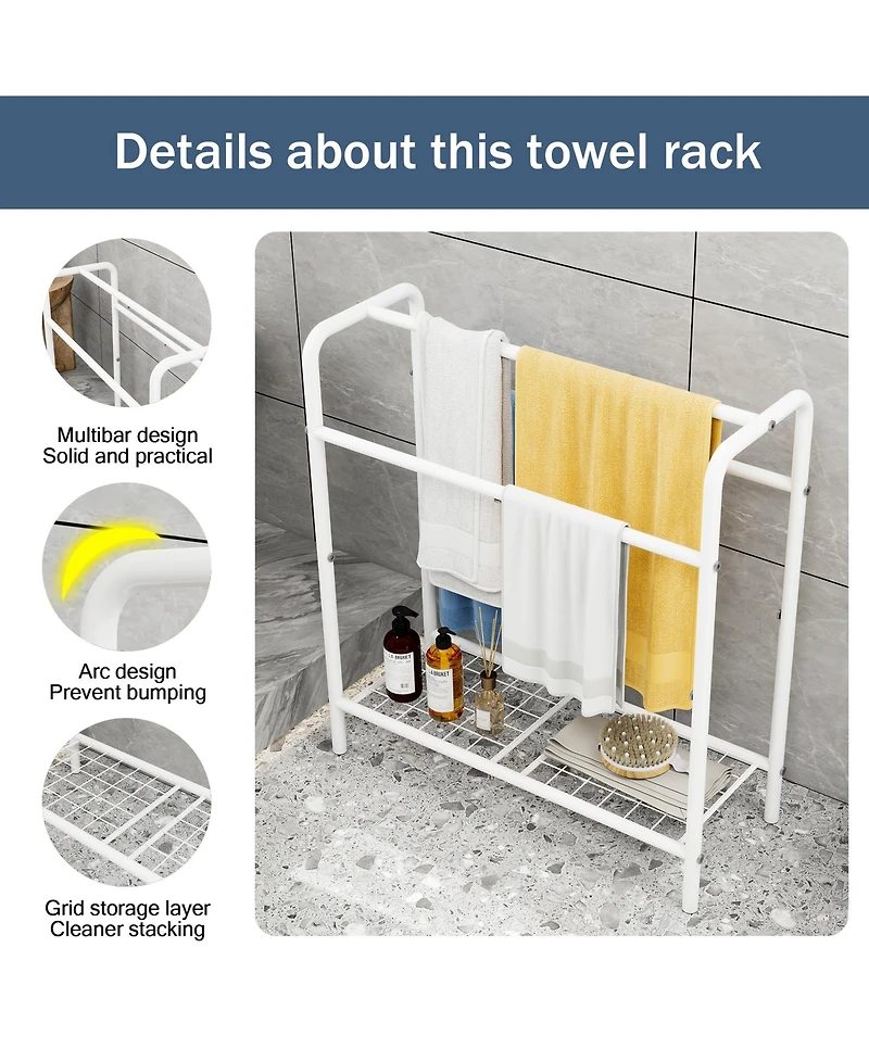 Rainsken 3 Tier Metal Towel Rack, Freestanding Towel Holder with Mesh Shelf, Display Rack for Bedroom, Bathroom