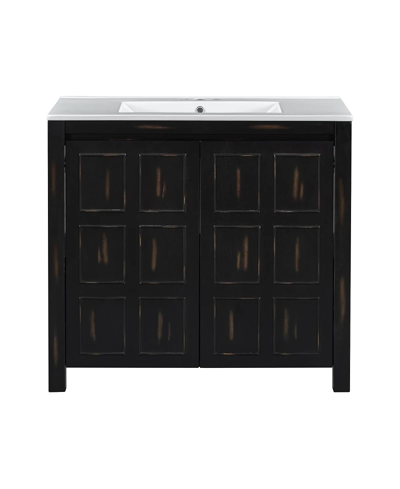 Sillysis 36" Antique Bathroom Vanity with Ceramic Sink, Solid Wood Frame & Soft Close Doors, Spacious Storage Cabinet for Modern Bathrooms