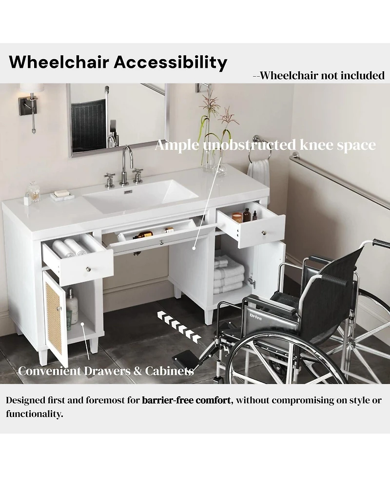 Sillysis 60" Wheelchair Accessible Bathroom Vanity with Smc Sink, Modern Storage Cabinet with Soft Close Drawers & Pine Legs