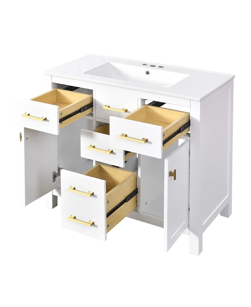 Sillysis 36" Modern Solid Wood Bathroom Vanity with Ceramic Sink, 4 Drawers & 2 Soft Close Doors Freestanding Cabinet