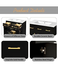 Sillysis 36" Modern Solid Wood Bathroom Vanity with Ceramic Sink, 4 Drawers & 2 Soft Close Doors Freestanding Cabinet