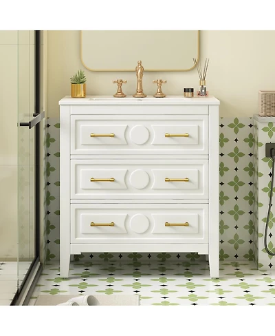 Sillysis 30" Bathroom Vanity with Ceramic Sink, Retro Solid Wood Cabinet & 3 Drawer Storage for Small Spaces