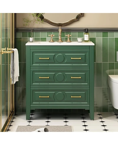Sillysis 30" Bathroom Vanity with Ceramic Sink, Retro Solid Wood Cabinet & 3 Drawer Storage for Small Spaces