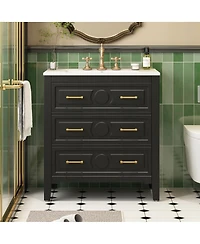 Sillysis 30" Bathroom Vanity with Ceramic Sink, Retro Solid Wood Cabinet & 3 Drawer Storage for Small Spaces