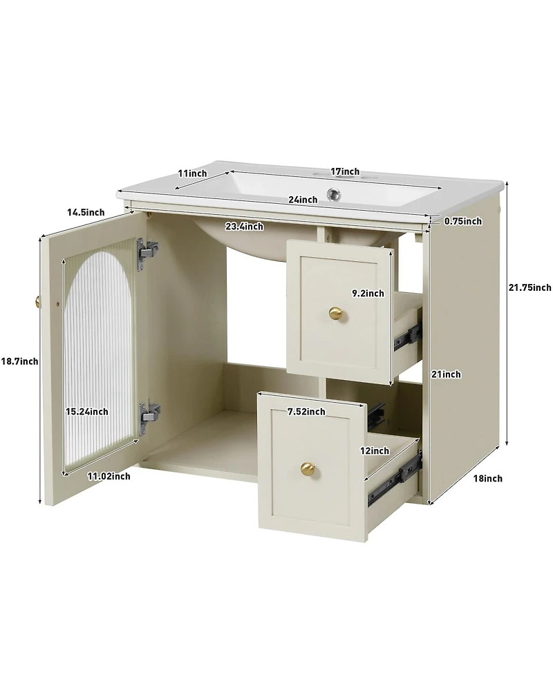 Sillysis 24" Wall Mount Bathroom Vanity with Glass Door, Ceramic Sink & 2 Drawers, Space Saving Storage for Small Bathrooms