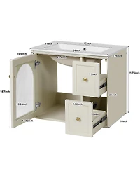 Sillysis 24" Wall Mount Bathroom Vanity with Glass Door, Ceramic Sink & 2 Drawers, Space Saving Storage for Small Bathrooms