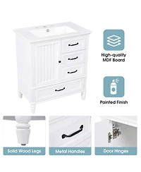 Sillysis 30" Modern Bathroom Vanity with Ceramic Sink, Freestanding Acacia Wood Mdf Cabinet 3 Drawers & Door