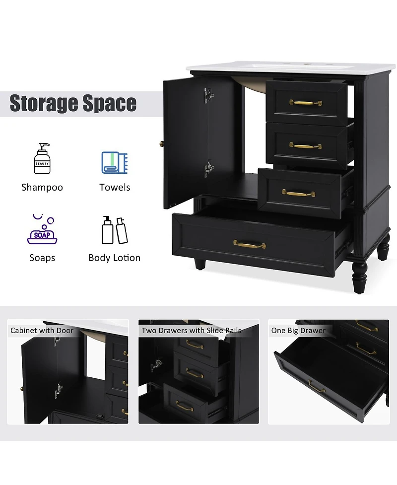 Sillysis 30" Modern Bathroom Vanity with Ceramic Sink, Freestanding Acacia Wood Mdf Cabinet 3 Drawers & Door