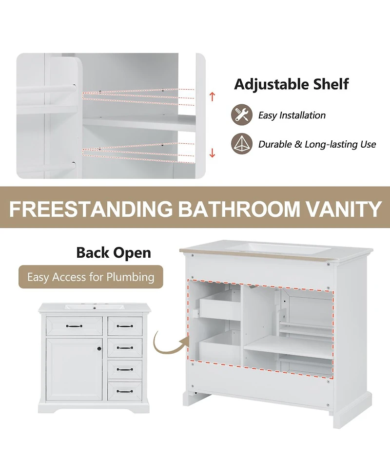 Sillysis 36" Bathroom Vanity with Ceramic Sink, Classic Modern Rubber Wood Cabinet & Ample Drawer Storage for Small Spaces