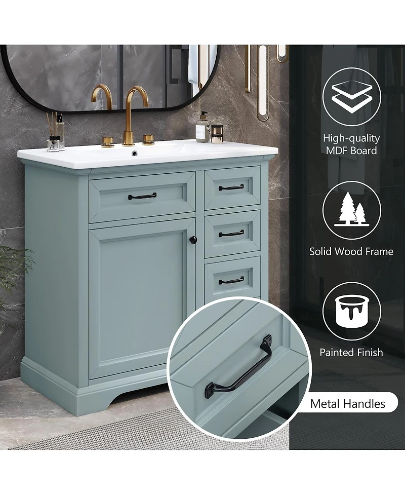 Sillysis 36" Bathroom Vanity with Ceramic Sink, Classic Modern Rubber Wood Cabinet & Ample Drawer Storage for Small Spaces