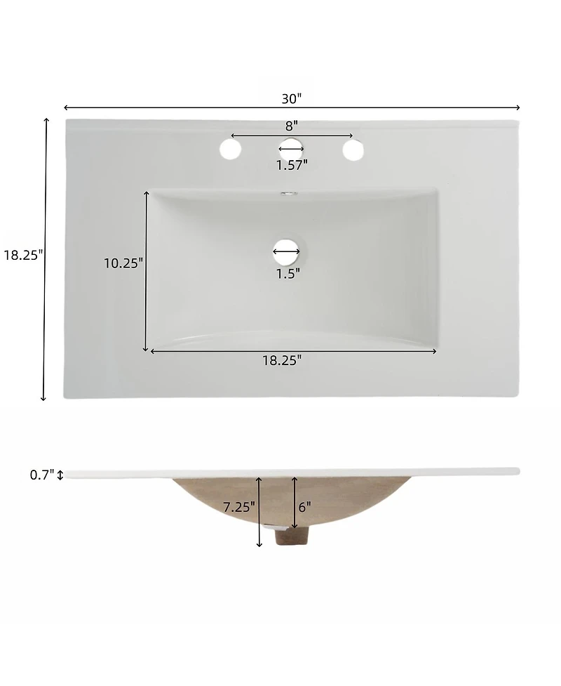 Sillysis 30" Modern Fluted Bathroom Vanity Cabinet with Ceramic Sink, Soft Close Drawers & Storage for Small Bathrooms