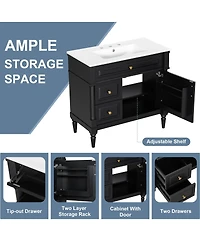 Sillysis 36" Bathroom Vanity with Sink, Solid Wood Cabinet Flip Drawer and Adjustable Shelf, Freestanding Modern Storage